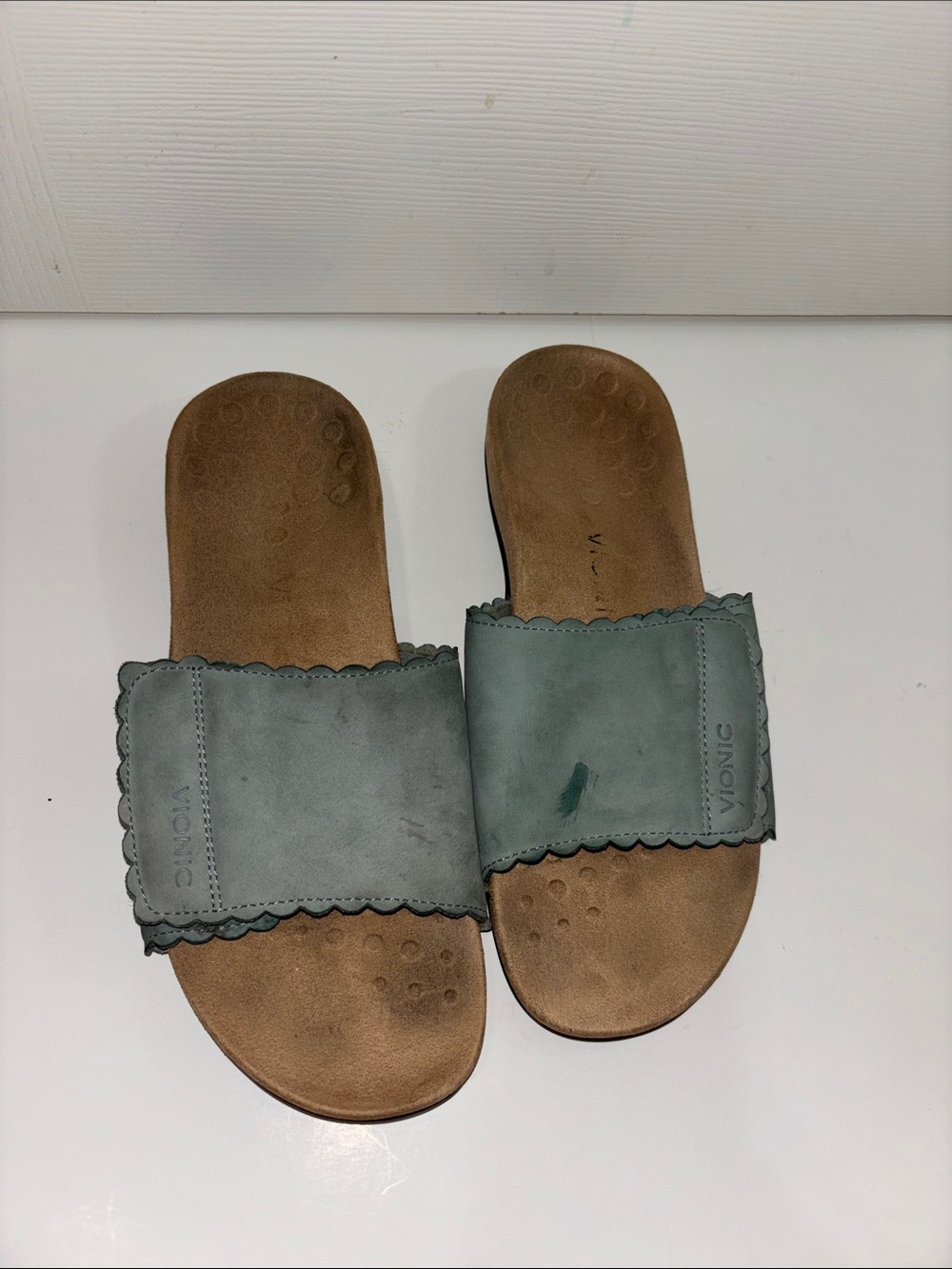 Vionic Women's Slide Sandals in Sage Green and Brown